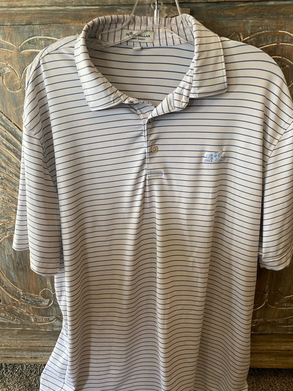 Peter Millar Men’s White Polo with Thin Navy Stripes